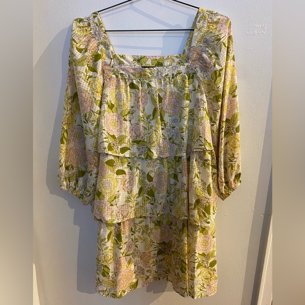 Who what wear - pink/green/yellow/tan floral tiered mini dress